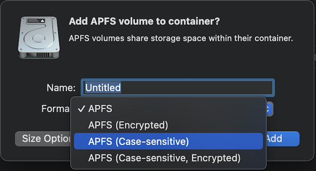 Creating a case-sensitive APFS volume