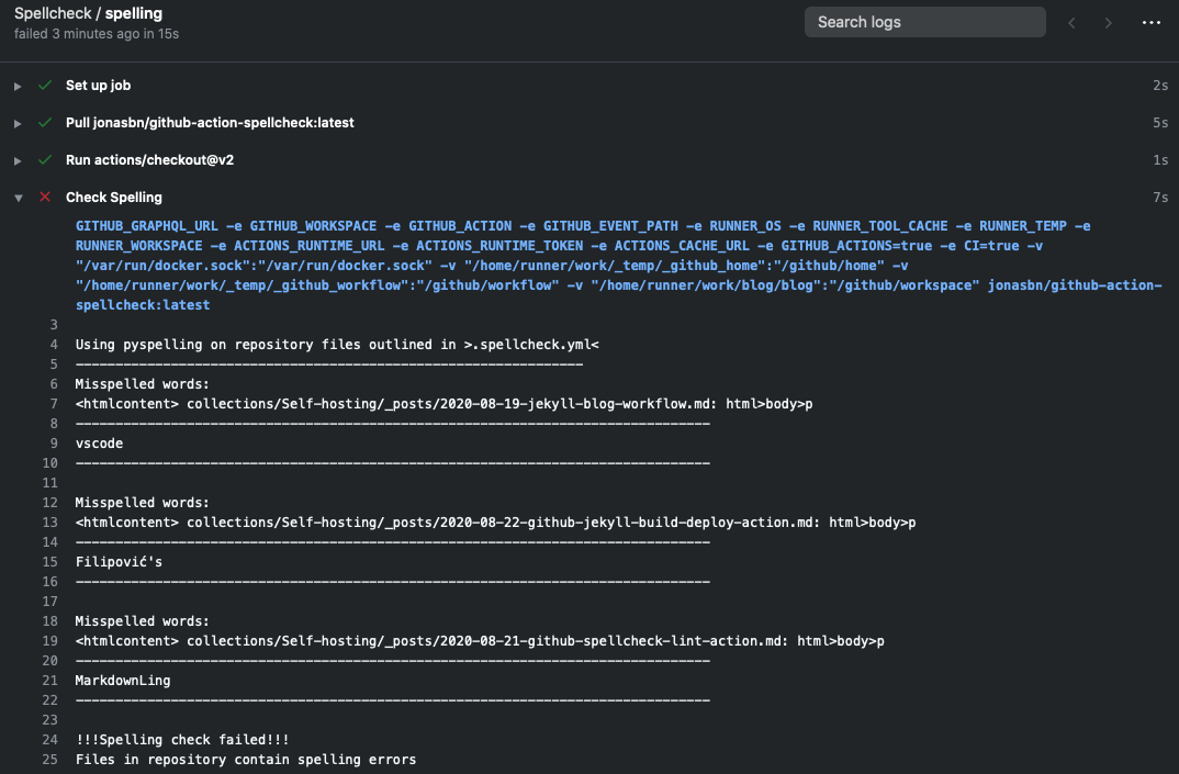 Screenshot of GitHub Actions output when the spellcheck fails.